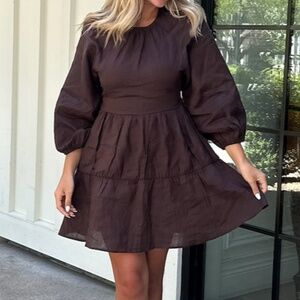 DISSH Open Back Tie Neck Puff Sleeve 100% Linen Chocolate Dress 2 US